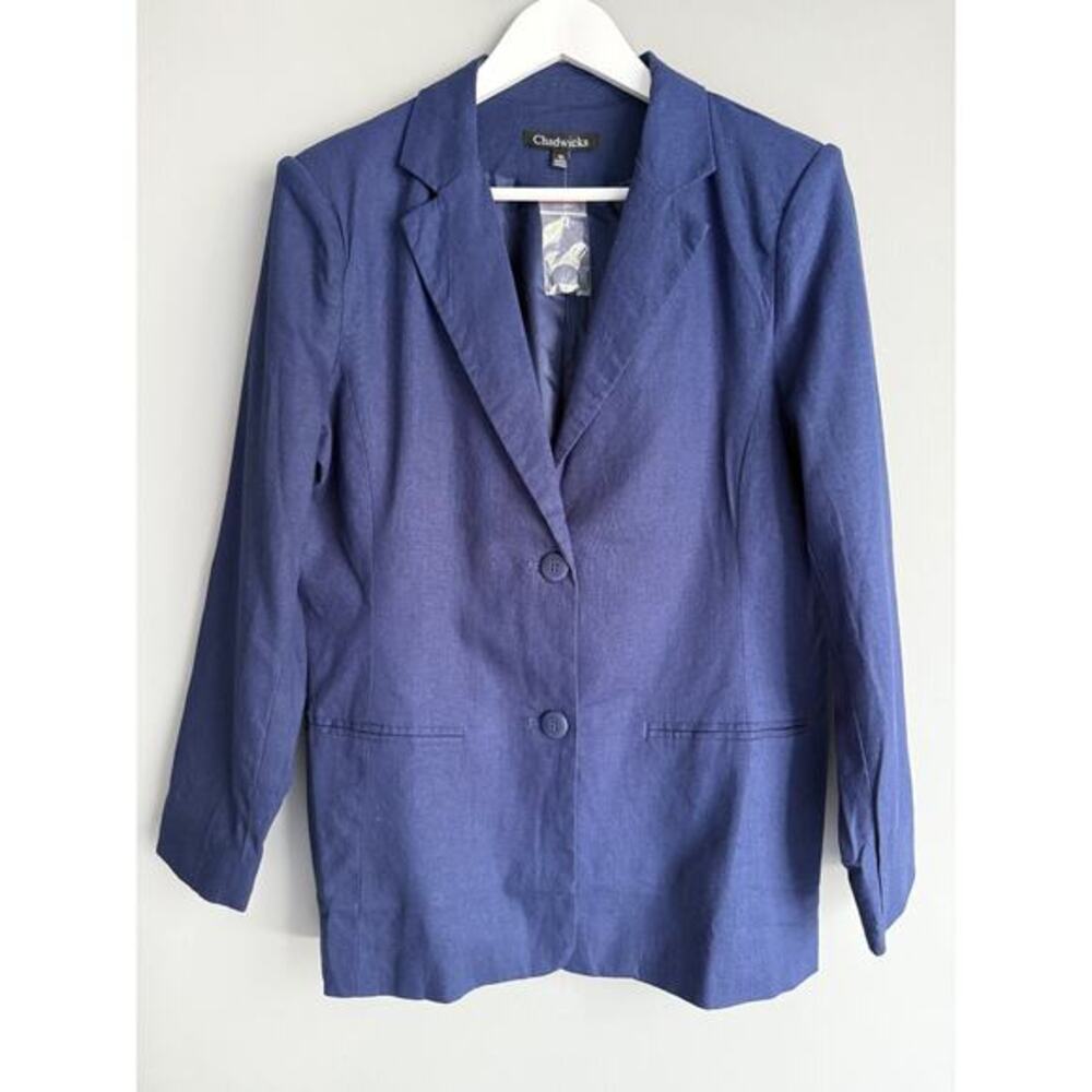 Chadwicks Navy Blue Linen Blazer Jacket Size 10 NWOT Two Button Lined Career